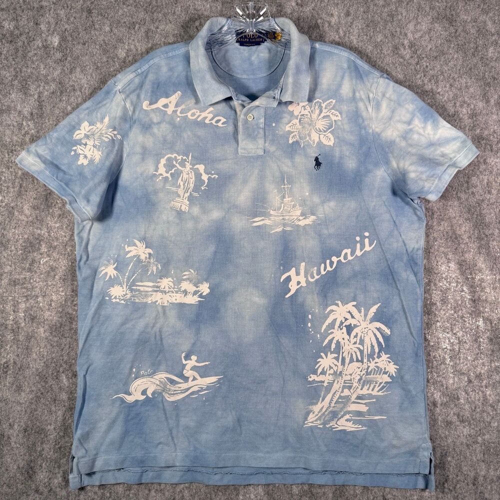 Ralph Lauren Polo Shirt Mens Size Large Blue Hawaiian Aloha Classic Fit Tie Dye - Picture 2 of 10